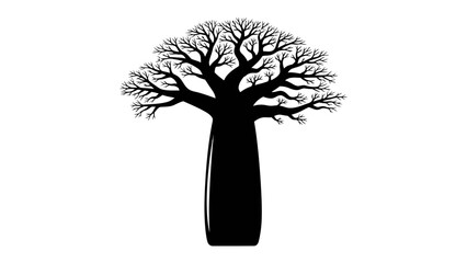 Baobab Tree Silhouette: A striking silhouette of a baobab tree, characterized by its massive, swollen trunk and intricate, bare branches, stands tall against a neutral backdrop. © Susmita