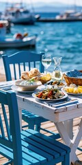 Obraz premium Greek seaside taverna table set for lunch overlooking picturesque port