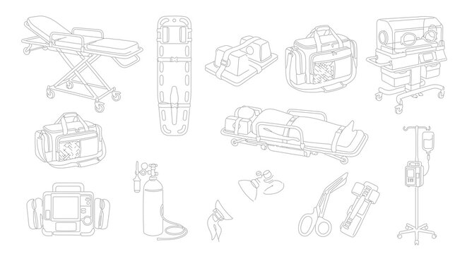 Emergency medical equipment line art icons, ambulance paramedic tools and first aid supplies vector, healthcare rescue gear collection
