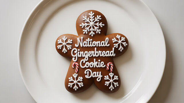 Gingerbread cookie decorated with 'National Gingerbread Cookie Day' text and snowflakes on a white plate