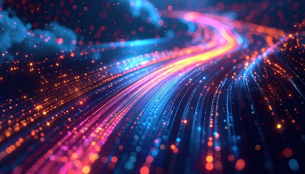 Futuristic data stream with glowing fiber optic patterns, technology and cloud computing concept