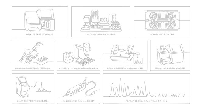 Laboratory equipment line art icons, scientific research instruments set of 10 vector illustrations, biotech dna sequencing and analysis tools
