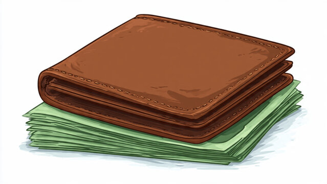 closed brown wallet with green banknotes inside on white background