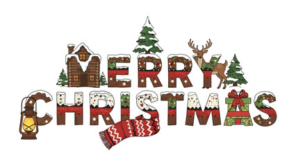 Fototapeta premium Merry Christmas Festive Font: A whimsical and festive font spelling out Merry Christmas, adorned with winter holiday elements like snow, houses, trees, a deer, and gifts.
