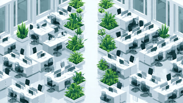 Modern white office space with green plants and ergonomic desks for collaborative work