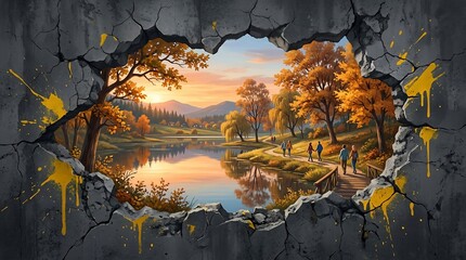Naklejka premium Autumn landscape with lake and walking path through trees at sunset