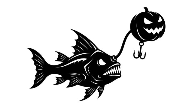 Spooky Anglerfish with Pumpkin Lure: A menacing anglerfish with sharp teeth and glowing eyes lurks in the dark depths, its bioluminescent lure a carved Halloween pumpkin.