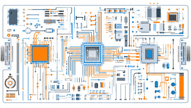 Digital circuit board with microchips and electronic components in blue and orange colors for technological innovation