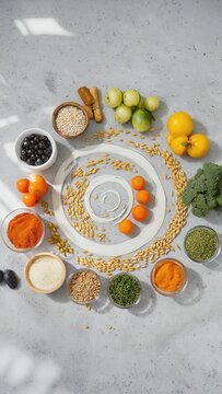 Grains spices and vegetables circular composition
