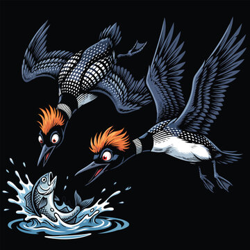 Dynamic illustration of two loons with orange crests diving to catch a leaping fish from a splash.