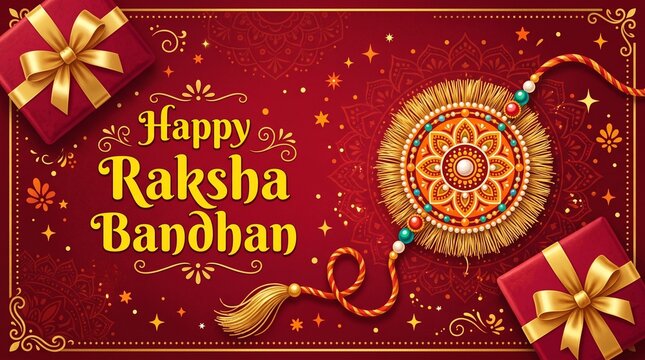 Greeting background with decorated rakhi and gift for Raksha Bandhan (Bond of protection and care) &ndash; Indian festival of sisters and brothers.