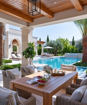 Luxury resort villa featuring inviting outdoor dining area, tropical swimming pool and elegant architecture