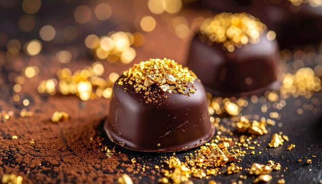 Chocolate praline dusted with gold flakes, rich dessert texture, dark elegant styling