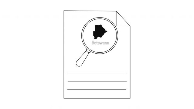 Magnifying glass over document with Botswana map and text.