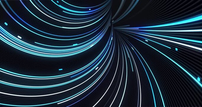 Bright blue and white light lines stretch and converge into a swirling tunnel on a dark background, creating a fast hyperspace motion effect.