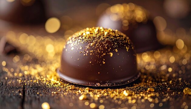 Chocolate praline dusted with gold flakes, rich dessert texture, dark elegant styling