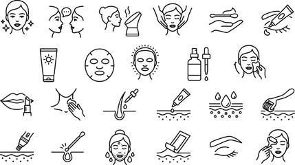 Fototapeta premium Black line icons of various skincare and beauty products and actions