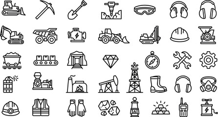 Fototapeta premium Collection of black line icons related to mining and industry
