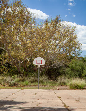 Lonely basketball hoop on an abandoned court