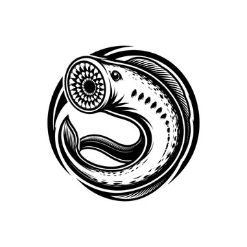 Vintage style illustration of a lamprey fish with circular mouth.