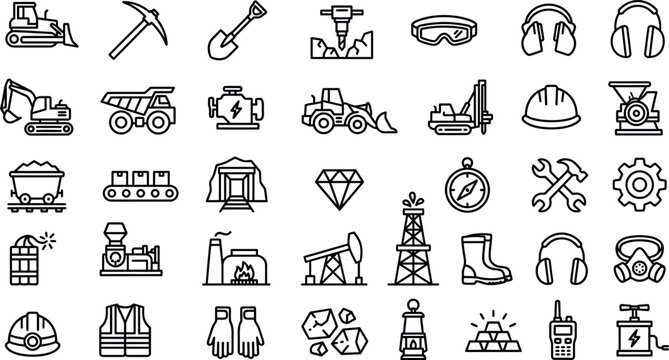 Collection of black line icons related to mining and industry