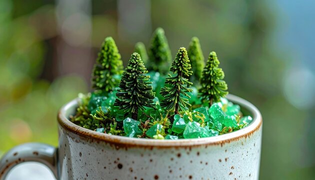 Mini pine trees growing from green crystals inside a ceramic mug, surreal alpine micro world