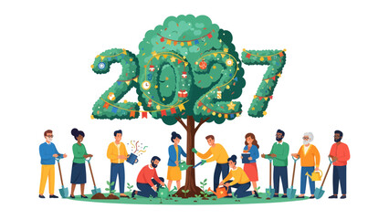 New Year Tree Planting 2027: Diverse group of people planting and watering small trees around a large, decorated tree in the shape of '2027', symbolizing growth, community.