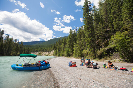 Group takes a lunch break on a multi day raft trip