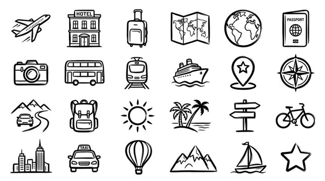 Collection of hand-drawn travel and vacation icons.