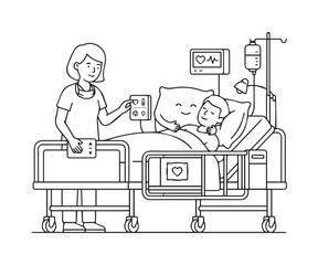 Obraz premium Cartoon nurse caring for patient in hospital bed line art