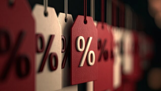 Rows of discount tags with percentage symbols, blurred background, red and white