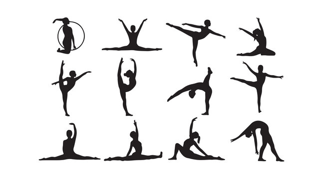 Diverse collection of gymnastic and ballet dancers in elegant poses showcasing flexibility and artistic movement