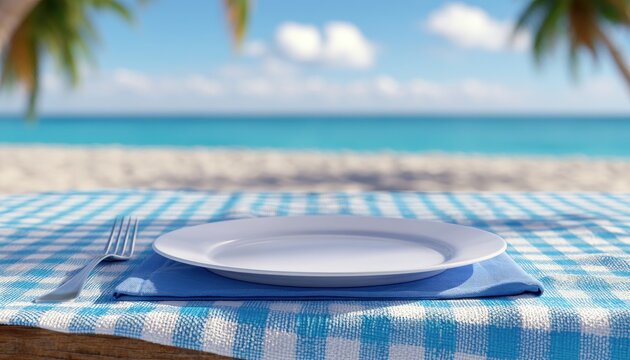 White plate on blue gingham table at sunny beach with ocean