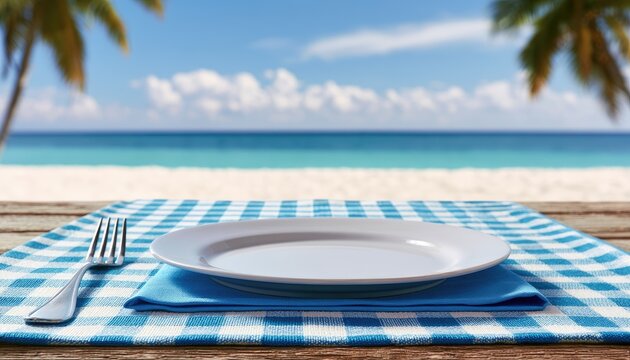 Empty plate and fork on a checkered cloth with beach backdrop