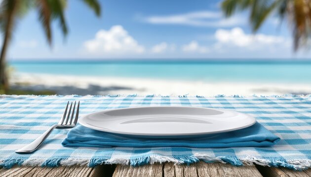 Empty plate and fork on checkered cloth by tropical beach