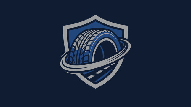Automotive tire with road lines inside a protective shield emblem.