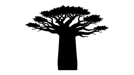 Baobab Tree Silhouette: A striking black silhouette of an iconic baobab tree, its massive trunk and sprawling branches starkly defined against a plain background. © md