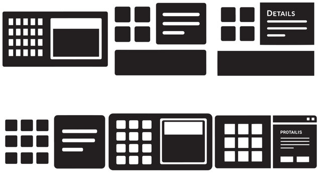 Dark UI wireframe dashboard layouts with modular panels, grids, cards, and detail blocks for website and application interface design