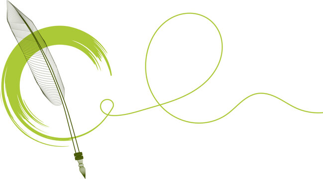 An elegant flat design vector graphic featuring a green brush stroke circle and quill feather continuous lines on transparent background for Japanese ornament, logos, cards, stationery designs.