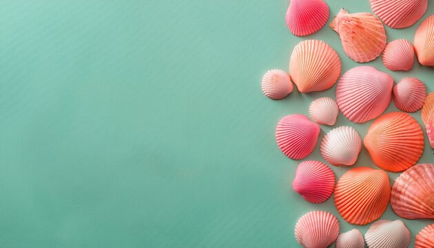 Top view of pink and coral sea shells on pale green mint background with copy space. Summer background