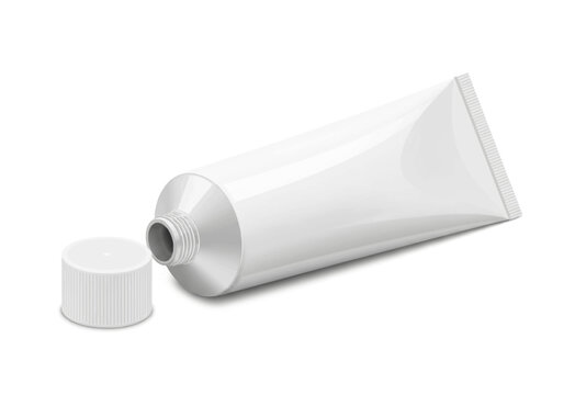 Blank white glossy plastic squeeze tube with detached ribbed screw cap isolated on white background, 3D realistic rendering for cosmetic cream, ointment, gel or toothpaste packaging.