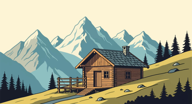 Vector illustration of a rustic wooden mountain hut with a chimney and porch situated on a grassy slope featuring a backdrop of snow-capped peaks and evergreen pine trees.