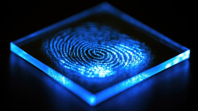 Glowing blue fingerprint illuminated on a clear square surface