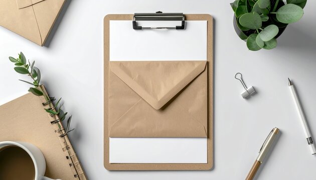 mailer envelope mockup on clipboard, kraft paper texture, office stationery branding template, minimal layout
