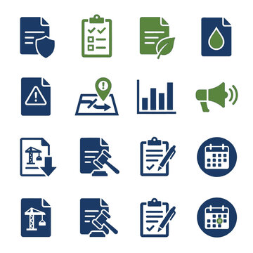 Stormwater regulatory compliance and NPDES permit program symbols in filled minimal style for compliance management apps, municipal stormwater programs, permit administration dashboards, and regulator