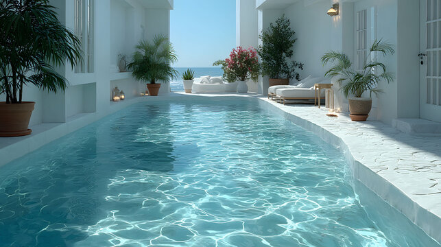 Luxurious Coastal Villa Pool Oasis with Tropical Decor for Relaxation and Tranquility
