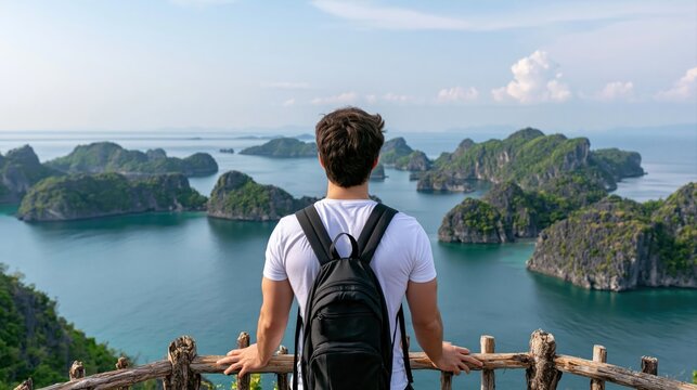 Traveler with backpack looking at scenic limestone island landscape in lan ha bay
