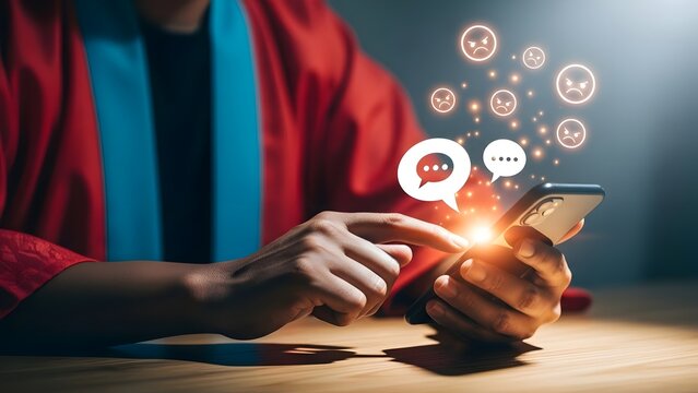Person using a smartphone with negative social media feedback and angry emoji icons floating above