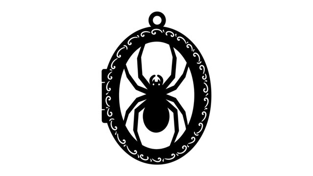 Spider Locket Pendant: An intricate black locket pendant featuring a stylized spider silhouette within an ornate oval frame, symbolizing mystery and the macabre.