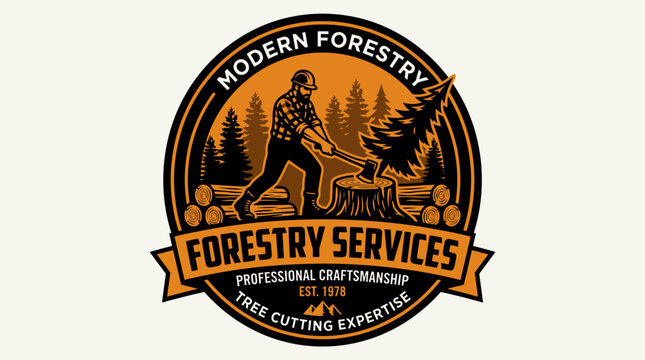 Modern Forestry Services Logo with Lumberjack and Pine Trees.